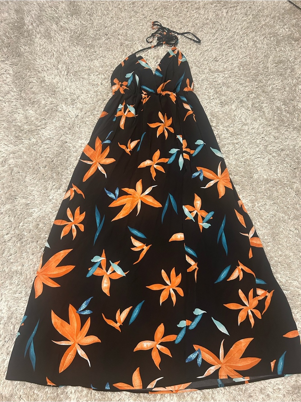 SHEIN Black Halter Maxi Dress with Orange and Teal Floral Print